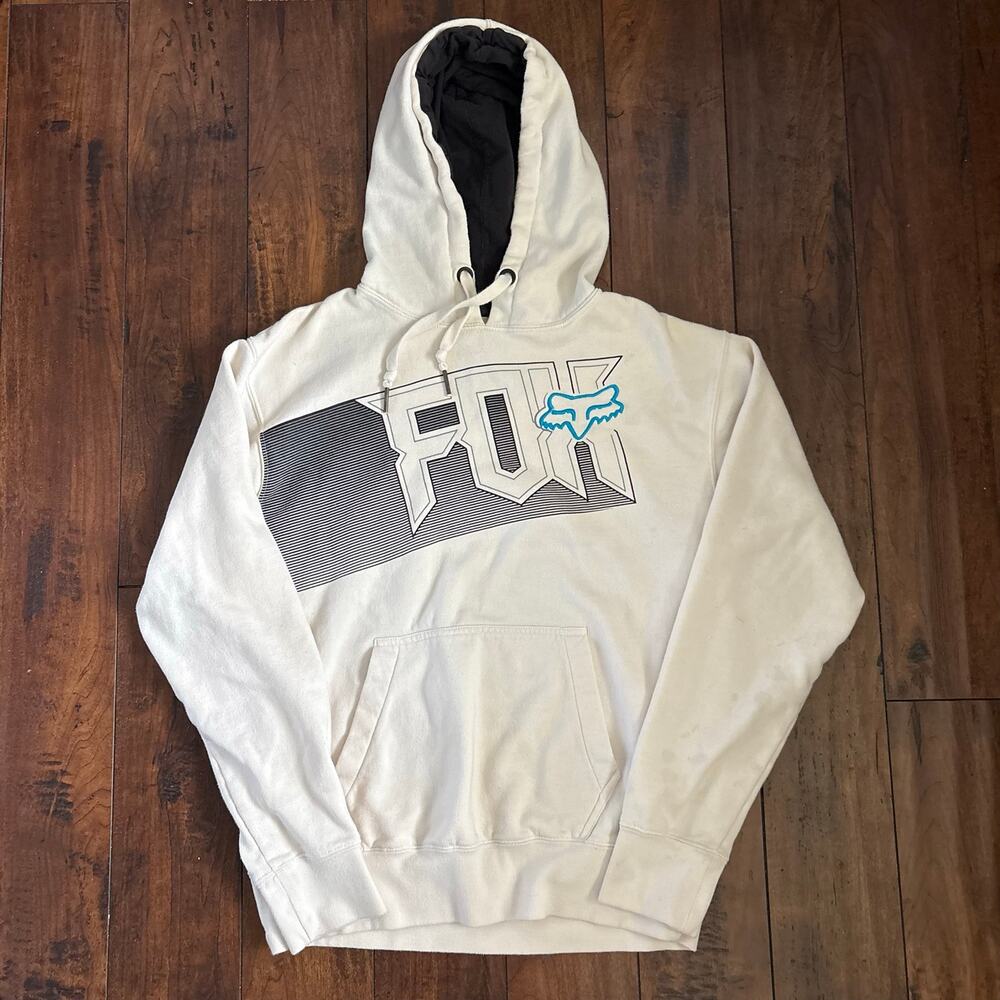 Fox Racing Hoodie Mens M Cream Embroidered Fox Head Pullover Spell Out Y2K 2000s
